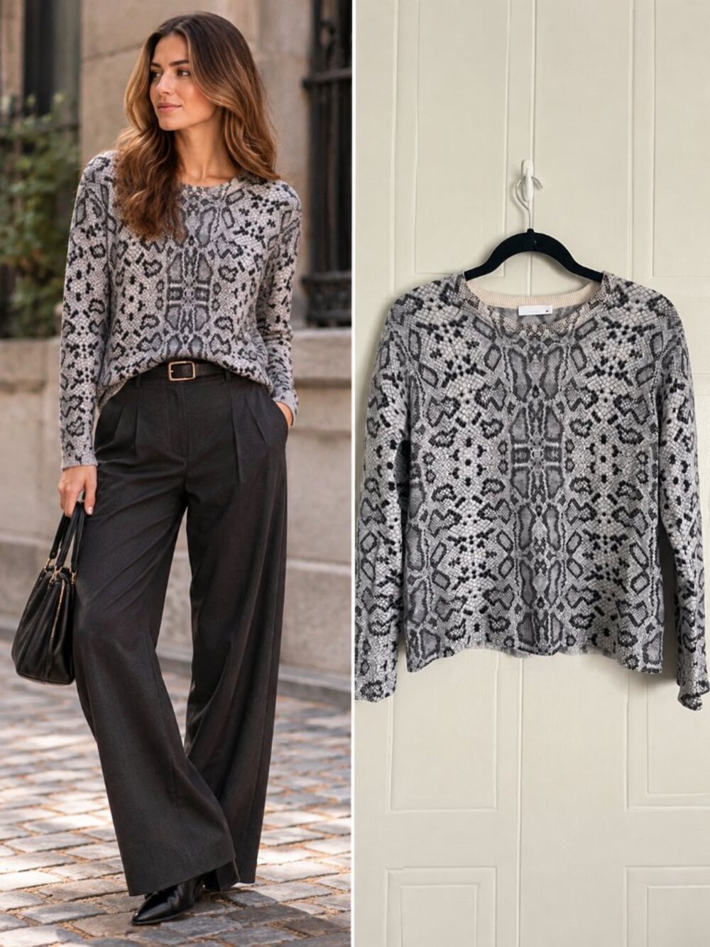 Equipment Gray Black Snakeskin Cashmere Crewneck Sweater Quiet Luxury S